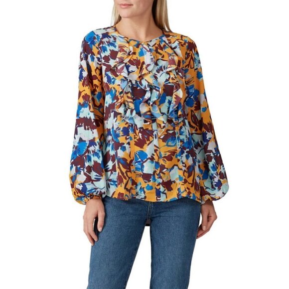 💕PRABAL GURUNG💕 COLECTIVE Ochre Floral Ruffle Front Blouse ~ 14 NWOT - Picture 3 of 14